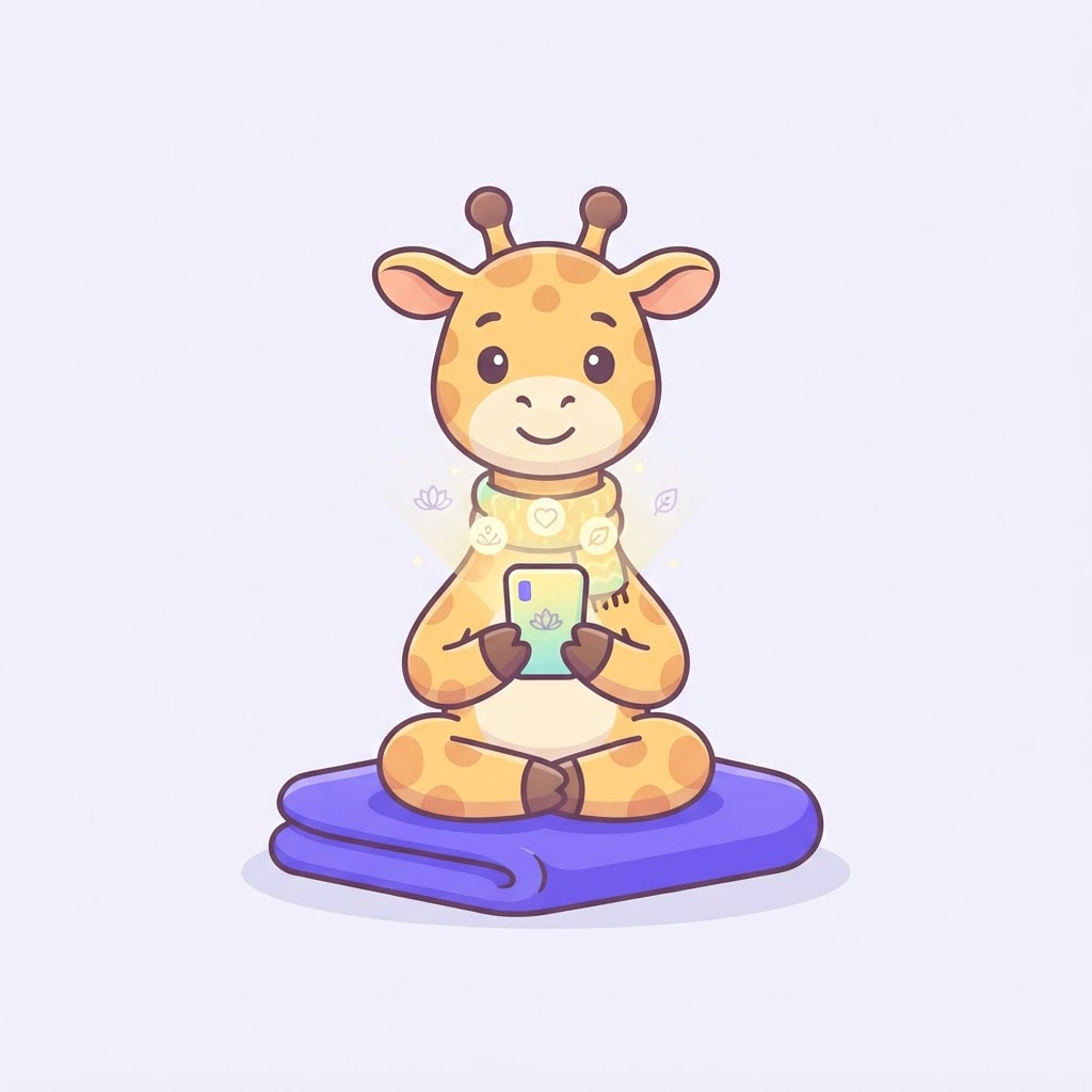 Daive the giraffe mascot sitting calmly with a journaling app